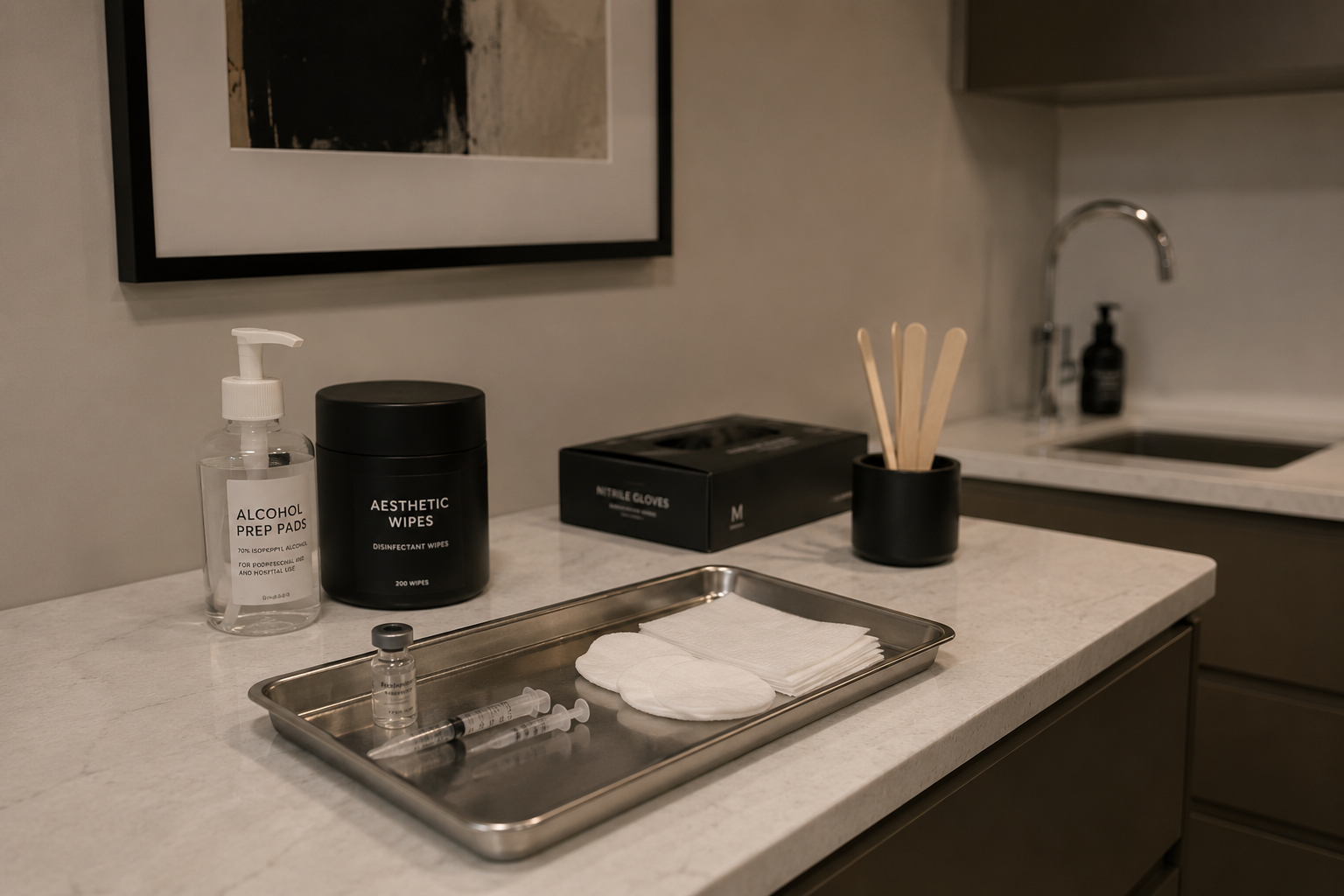 A close-up of high-end skincare bottles and medical tools arranged neatly on a stone countertop. Soft, professional lighting highlights the quality of the products. The aesthetic is clean, medical, and luxury-oriented, following a white and charcoal color palette.